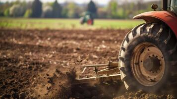 A closeup of a tractor plowing a field churning up rich brown soil in preparation for planting photo