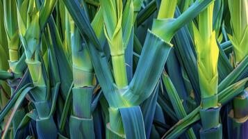 A bunch of bright green leeks stand tall intertwined in a colorful display. Their long slender stems reach towards the sky while their dark green leaves fan out in all directions photo