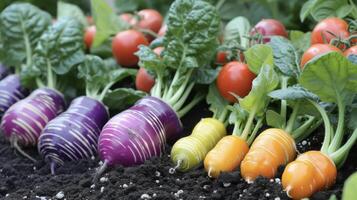 un parche de suelo es punteado con pulcramente arreglado columnas de pequeño redondeado vegetales cada uno un brillante llamativo color. el vegetales son rechoncho y suave con puntiagudo detallando foto