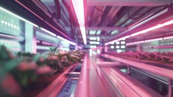 A detailed shot of a futuristic greenhouse with LED grow lights programmed to emit specific wavelengths and intensities to mimic ideal growing conditions for different type photo