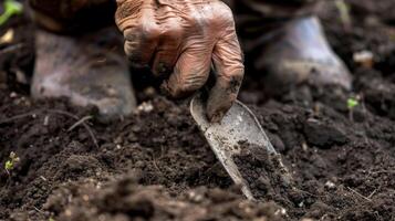 A pair of weathered hands carefully sift through freshly turned soil the rich dark earth falling in clumps between fingers. The tip of a spade rests against the ground read photo