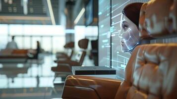An airport lounge filled with comfortable seating and sleek holographic displays of airport personnel offering a luxurious and efficient space for customers to receive assistanc photo