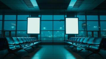 The once bustling area of the airport now appears desolate as the dimly lit billboards sit unoccupied their messages lost and forgotten in the quiet of the early morning hours photo