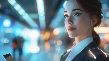 A closeup of a holographic flight attendant complete with a uniform and a tablet in hand providing realtime updates and support to travelers as they wait for their flight photo