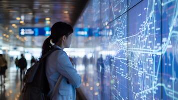 As travelers approach customs a digital display projects a virtual map of the airport highlighting the fastest route to their connecting flight and eliminating confusion an photo
