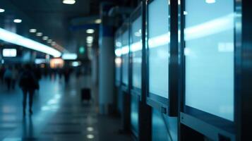 A series of blank billboards adorned with sleek silver frames waiting to display upcoming flight schedules. The bright airport lights and bustling foot traffic add to th photo