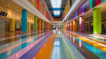 A closer look at the airport interior reveals a burst of colors and patterns creating a lively and inviting space. The blank billboards tered throughout add a touch of myster photo