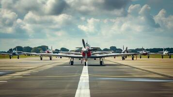 The roar of the engines and the whirring of propellers can almost be felt as the planes wait in anticipation for their turn to take flight photo