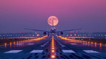 As the moon rises above the horizon its soft glow merges with the bright runway lighting painting a serene picture in the stillness of the night photo