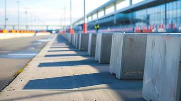 Heavy concrete barriers and barricades block off certain areas of the airport creating a secure perimeter against any potential threats photo