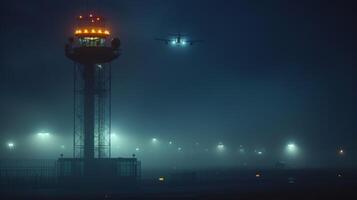 The air traffic control tower stands tall and still as the last flights of the night take off into the dark sky photo
