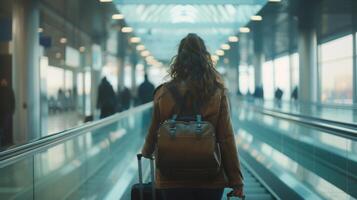 In the busy airport terminal one traveler stands apart from the crowd with their streamlined approach to baggage. With a single carryon in hand they exude confidence and efficiency photo