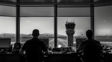 A busy control tower with air traffic controllers intently watching runway activity and directing planes on the ground photo
