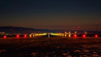 The flickering lights of the approach lighting system create a sense of anticipation as planes descend towards the runway ready to touch down in the bustling airport photo