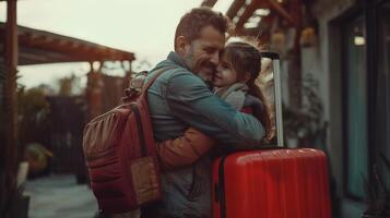 A father and daughter share a heartwarming hug their bulging suitcases standing beside them as they prepare to say goodbye to their home and hello to a new adventure together photo