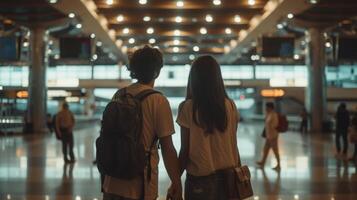 A couple stands hand in hand looking longingly into each others eyes as they say goodbye before one of them boards a plane. The airport crowds fade away as their love take photo