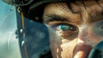 A closeup of the pilots eyes reveals a mix of concentration and excitement as they prepare for the thrill of landing the aircraft photo