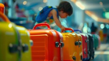 At the baggage claim area a child eagerly searches for their suitcase a the sea of other bags. After spotting it they rush over and excitedly grab hold of the brightlycolore photo