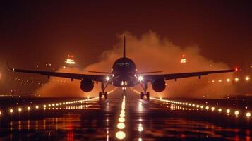 A groundlevel shot of a plane landing on an illuminated airstrip at night leaving behind a trail of smoke and lights photo