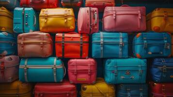 The airport storage area is filled with an organized arrangement of suitcases and bags creating a colorful and uniform display of travel belongings photo