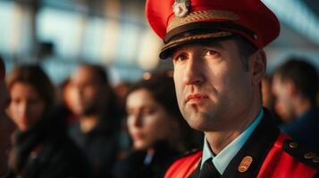A flight crew member stands at a gate surrounded by a sea of disappointed faces as they announce the cancellation of their scheduled flight causing chaos and confusion fo photo
