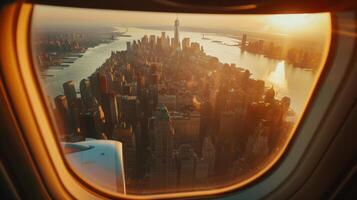 The reflection of a planes window showing a stunning view of the city skyline below photo