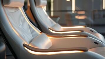 Luxurious lounge chairs with builtin charging stations and personal reading lights ideal for passengers looking to relax and recharge before their flight photo