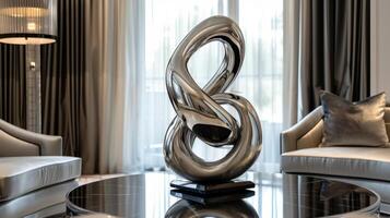 In the lounge area a large abstract sculpture catches the eye with its sleek curves and shiny metallic finish providing a modern and elegant feel photo