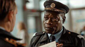 A customs officer in an official uniform looks over a travelers documents with a stern expression stamping their passport before motioning them forward photo