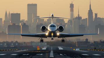 The elegant curves of a private jets wings are on full display as it takes off with the city skyline in the background photo