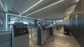 A stateoftheart boarding gate with virtual boarding passes and biometric scanners making the boarding process quick and seamless photo