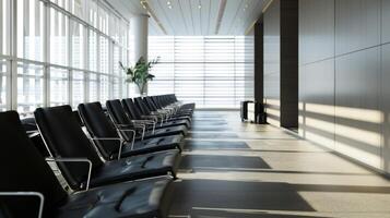 The interior of a modern airport lounge with plush seats and stateoftheart entertainment systems offering a comfortable and convenient wait for passengers photo