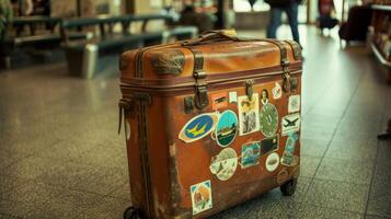 un maleta cubierto en viaje pegatinas se sienta abandonado en el piso sus propietario apagado explorador el aeropuerto tiendas antes de su siguiente vuelo. el sentido de libertad y independiente foto