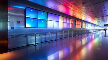 A colorful and interactive information display wall providing realtime updates on flight information and airport amenities photo