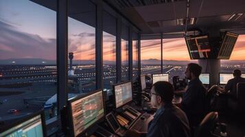 A bustling hub of activity the airport control tower stands tall with its futuristic design. Inside air traffic controllers monitor the skies using advanced radar and communicatio photo