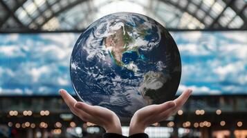 An upclose image of a billboard at the airport featuring hands holding a globe emphasizing the worldwide reach and expansion potential of businesses advertising in this prim photo