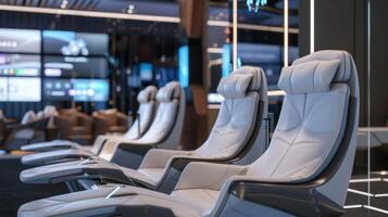 A holographic departure lounge with comfortable seating areas and interactive screens displaying social media updates and news updates photo
