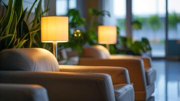 The tranquil oasis of an airport lounge with plush seating dim lighting and a calm atmosphere providing a peaceful retreat for weary travelers photo