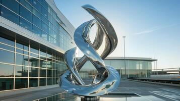 A striking modern sculpture made of sleek metal and glass stands tall in the center of the airport courtyard. Its reflective surfaces capture the movement and energy of th photo