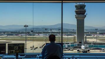 A bustling control tower overlooks the runway as air traffic controllers direct planes in and out of the airport photo