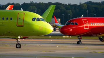 From crimson red to neon green the spectrum of colors on the tails of these planes adds a lively touch to the otherwise monochromatic scenery of the runway photo