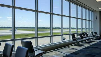 Large windows provide a view of the airport runway giving families a chance to watch planes take off and land while waiting for their flight photo