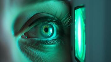 An extreme closeup of a biometric scanner with a travelers eye being carefully scanned for identification. A green light flashes indicating a match and allowing the travele photo