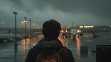 A lone figure stands at the departure gates tears streaming down their face as they stare longingly at the plane taking off leaving behind the one they love photo