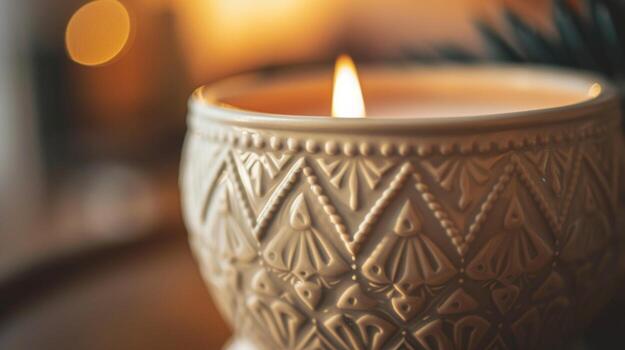 The intricate patterns etched into a ceramic wax melter adding a touch of elegance to its function photo