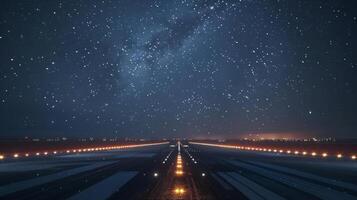 The glow of runway lights guiding planes towards the sky creating a mesmerizing contrast against the vast blanket of stars above photo