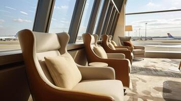 The floortoceiling windows provide breathtaking views of the runway adding to the exclusive and elevated experience of the lounge photo