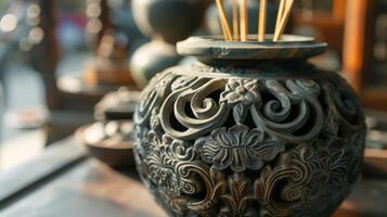 The intricate carvings on a soapstone oil diffuser showcasing the skilled craftsmanship of local artisans photo