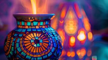 A vibrant colorful mosaic pattern adorning the sides of a ceramic oil diffuser adding a pop of color to any space photo