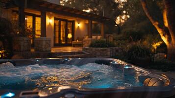 The soft light of the hot tubs multicolored LED system casting a gentle glow over the water photo